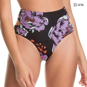 Maaji Floral High-Cut Bikini Bottom in Mauve, Black & Orange